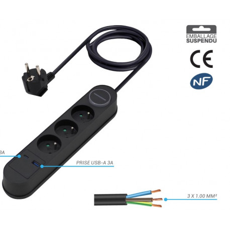 MULTIPRISE 3 PRISES+USB TYPE C+USB TYPE A CABLE 1.5M NOIR