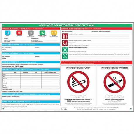 PANNEAU AFFICHAGE OBLIGATOIRE CODE DU TRAVAIL60X40CM  EXACOMPTA FAB France
