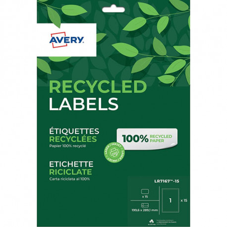 PAQUET DE 15 ÉTIQUETTES RECYCLÉES LASER ET JET ENCRE FORMAT 199.6 X 289.1 MM