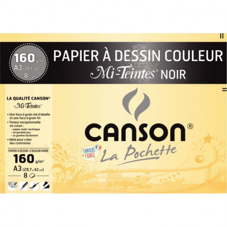 POCHETTE DE 8 FEUILLES MI-TEINTES A3 160 GRAMMES DE COULEUR NOIR