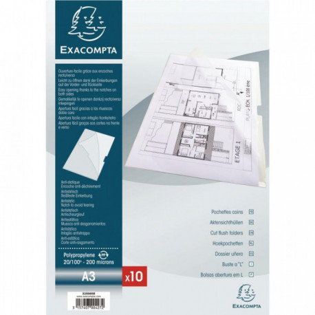POCHETTES COIN INCOLORE PQT 10 RIGIDE A3   PVC 20/100E EXACOMPTA 3250