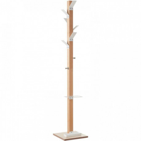PORTEMANTEAU EASYCLOTH BLANC 6 patères + 2 petites patères complémentaires en acier chromé (support sac). Fût en bois massif ver