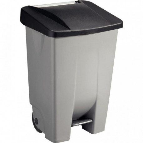 POUBELLE À PÉDALE ET ROULETTE GRIS couvercleNOIR 80 LITRES Antibactérien / HACCP