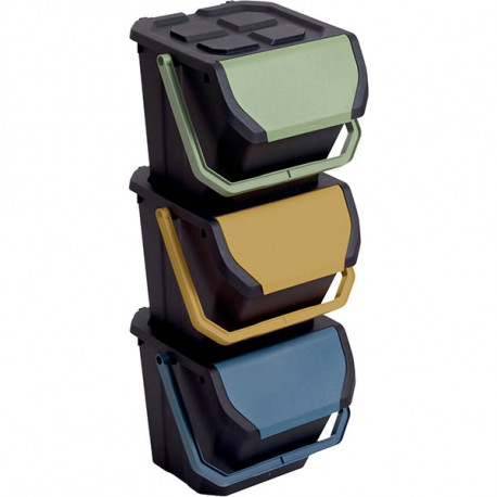 POUBELLE KIT TRI SELECTIF FRIDA 24L LOT DE 3 COUVERCLES ET POIGNEES DE 3 COULEURS  PAPERFLOW RECYCLABLE L38Xl38XH30,5 CM 