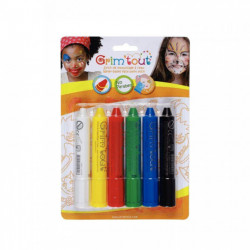 STICKS MAQUILLAGE A L'EAU GRIM'TOUT LOT DE 6 COL. BLANC JAUNE ROUGE VERT BLEU NOIR DEMAQUILLAGE EAU ET SAVON DÈS 4 ANS