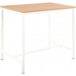 Table haute L120xP80cm plateau chêne/piètement blanc. Plateau épaisseur 25 mm, chant ABS 2 mm avec cadre porteur et piétement ca
