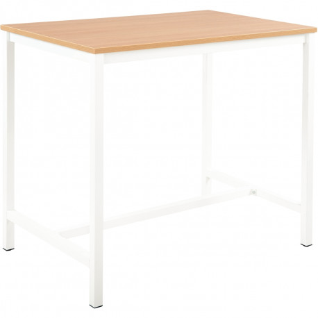 Table haute L120xP80cm plateau chêne/piètement blanc. Plateau épaisseur 25 mm, chant ABS 2 mm avec cadre porteur et piétement ca