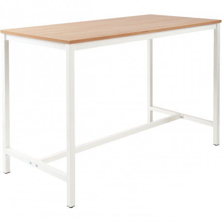 Table haute L160xP80cm plateau chêne/piètement blanc. Plateau épaisseur 25 mm, chant ABS 2 mm avec cadre porteur et piétement ca