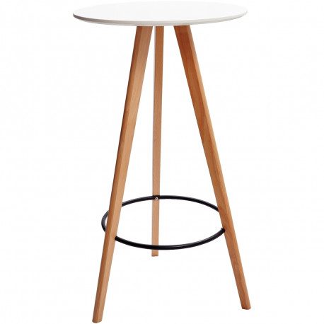 Table haute mange-debout Break plateau blanc/piètement hêtre. Plateau en bois MDF de 18 mm d’épaisseur. Piètement en bois de hêt