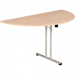 Table pliante demi-lune L160xP80cm plateau chêne/piètement alu. Plateau mélaminé ép. 25 mm. Chants antichoc ABS 2 mm. Longerons 