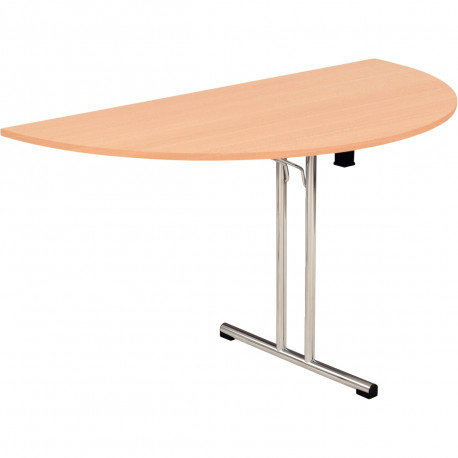 Table pliante demi-lune L160xP80cm plateau hêtre/piètement alu. Plateau mélaminé ép. 25 mm. Chants antichoc ABS 2 mm. Longerons 