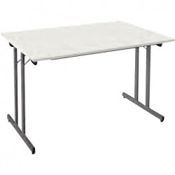Table pliante multiusage L120 cm P60 cm Blanc. Plateau en mélaminé épaisseur 19 mm. Piètement métallique à dégagement latéral av