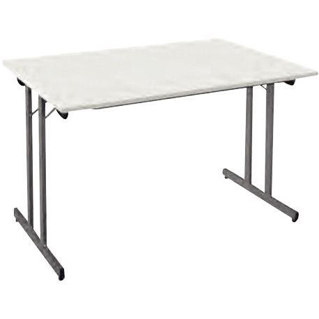 Table pliante multiusage L120 cm P60 cm Blanc. Plateau en mélaminé épaisseur 19 mm. Piètement métallique à dégagement latéral av