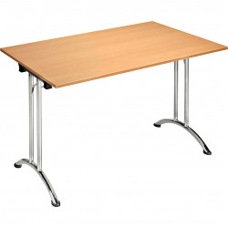 Table pliante rectangulaire L120xP80cm plateau chêne/piètement alu. Plateau mélaminé ép. 25 mm. Chants antichoc ABS 2 mm. Longer