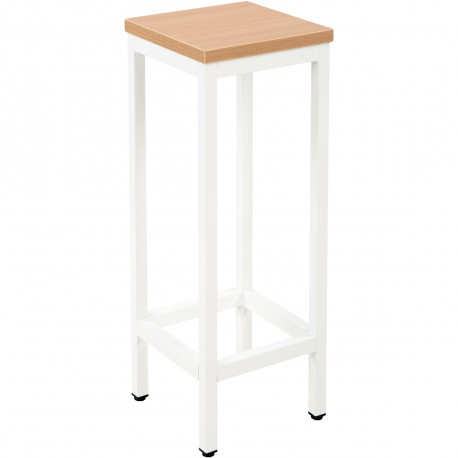 Tabouret H74cm plateau chêne/piètement blanc. Structure en acier 30x30mm avec époxy noir sur vérin réglable. Assise épaisseur 25