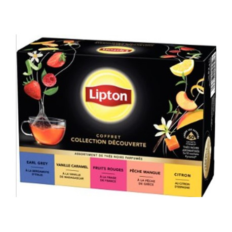 THE NOIRS PARFUMES LIPTON  BOITE DE 50 SACHETS  FRUITS ROUGE AGRUMES MURES-MYRTILLE PECHE MANGUE VANILLE CARAMEL 
