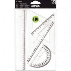 SET DE 4 ARTICLES TRAÇAGE  1 REGLE 30CM + 1 EQUERRE6 21CM 0° + 1 EQUERRE 45° 21CM +1 RAPPORTEUR 180° 12CM