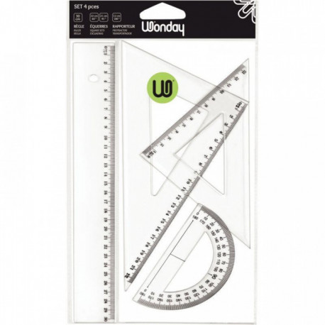 SET DE 4 ARTICLES TRAÇAGE  1 REGLE 30CM + 1 EQUERRE6 21CM 0° + 1 EQUERRE 45° 21CM +1 RAPPORTEUR 180° 12CM