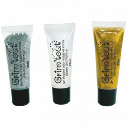 TUBES GEL PAILLETES LOT DE 3 x 25ML MAQUILLAGE VISAGE ET CORPS OR ARGENT CRISTAL REPOND AUX NORMES COSMETIQUES EN VIGUEUR
