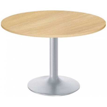 TABLE DE RÉUNION INDIVIDUELLE RONDE Ø 100 CM ÉP. 25 MM DÉCOR CHÊNE CLAIR SUR PIÉTEMENT CENTRAL FIXE ROND GRIS ALUMINIUM