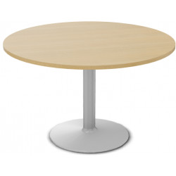 TABLE DE RÉUNION INDIVIDUELLE RONDE Ø 120 CM ÉP. 25 MM DÉCOR CHÊNE CLAIR SUR PIÉTEMENT CENTRAL FIXE ROND GRIS ALUMINIUM