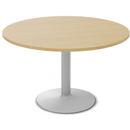 TABLE DE RÉUNION INDIVIDUELLE RONDE Ø 120 CM ÉP. 25 MM DÉCOR CHÊNE CLAIR SUR PIÉTEMENT CENTRAL FIXE ROND GRIS ALUMINIUM