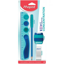 KIT DE 4 PIECES KIDY LEARN MAPED 1 REGLE 20CM + 1 CRAYON DE PAPIER  AVEC EMBOUT A MACHER + 1 TAILLE CRAYON + 1 GOMME