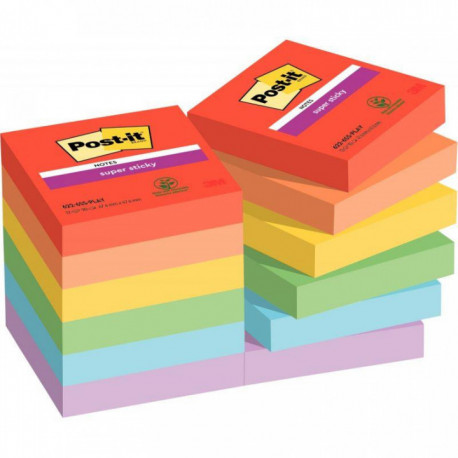 PAQUET DE 12 BLOCS NOTES SUPER STICKY POST-IT  90 FEUILLES  47,6 X 47,6 MM COLLECTION PLAYFUL