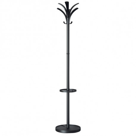 PORTE MANTEAU BRIO NOIR En acier 6 grandes patères, tête rotative, 3 petits crochets pour sacs.Porte-parapluie P/6 .Socle de rét