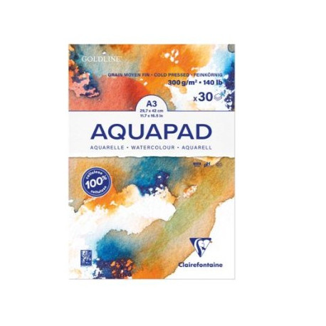 BLOC PAPIER DESSIN AQUARELLE BLANC 300G A3 FORMAT 297X420MM 30 FEUILLES AQUAPAD