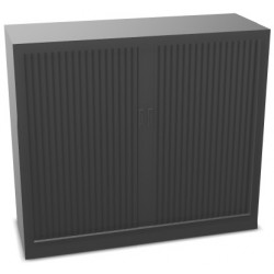 Armoire à rideaux monobloc basse H105cm corps anthracite/rideaux anthracite. Equipée de 2 tablettes + 1 jeu de rails sous le pla