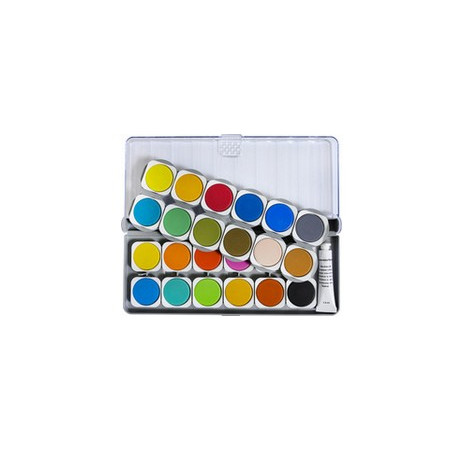 BOÎTE DE 24 PASTILLES DE PEINTURE ASSORTIE AVEC RANGEMENT POUR PINCEAU
