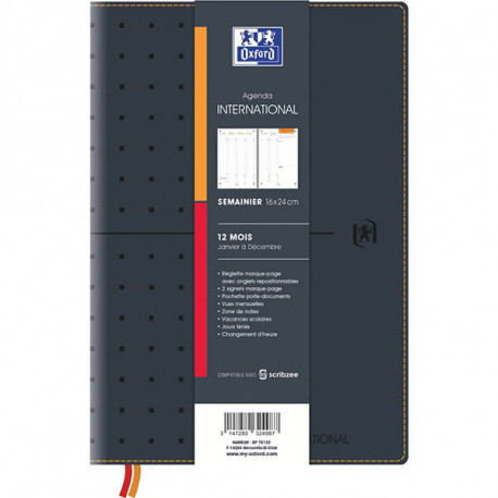 AGENDA OXFORD INTERNATIONAL 16X24CM 16 MOIS 128PAGES 1SEMAINE/2PAGES NOIR