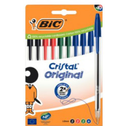 STYLO BIC CRISTAL BLISTER DE 10  POINTE MOYENNE FAB FRANCE ( 4 BLEU 2 NOIR 2 ROUGE 2 VERT )