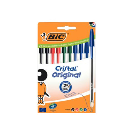 STYLO BIC CRISTAL BLISTER DE 10  POINTE MOYENNE FAB FRANCE ( 4 BLEU 2 NOIR 2 ROUGE 2 VERT )