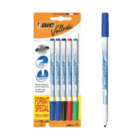 MARQUEUR TABLEAU BLANC FEUTRES 1721 ASSORT. VELLEDA POCHETTE DE 5 (2BLEU 1 NOIR 1 ROUGE 1VERT + BIC  EFFACABLE  