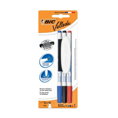 MARQUEUR TABLEAU BLANC FEUTRES 1721 ASSORT. VELLEDA POCHETTE DE 3 + BIC  EFFACABLE
