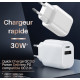 CHARGEUR SECTEUR 30W 1X USB-C /1X  USB-A TECHNOLOGIE SILICIUM  