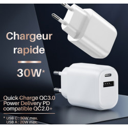 CHARGEUR SECTEUR 30W 1X USB-C /1X  USB-A TECHNOLOGIE SILICIUM  