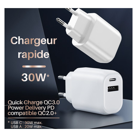 CHARGEUR SECTEUR 30W 1X USB-C /1X  USB-A TECHNOLOGIE SILICIUM  