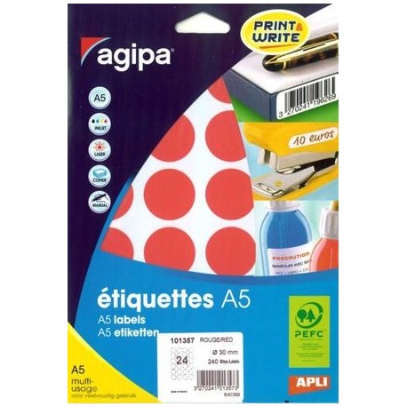 ÉTIQUETTES RONDE D 30MM ROUGE POCH. 240 AGIPA 101357