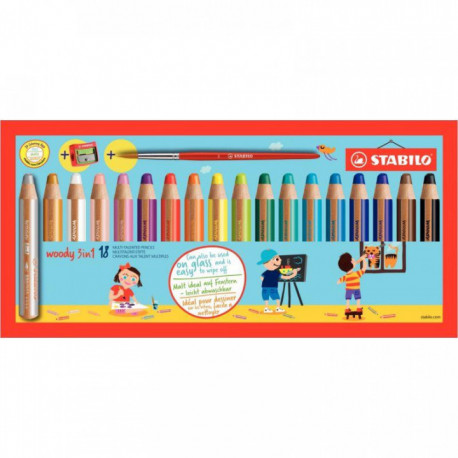 CRAYONS DE COULEUR *BTE18*WOODY + 1 TAILLE-CRAYON + 1 PINCEAU