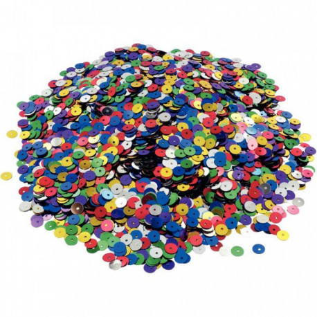 POT DE 185 GRAMMES DE SEQUINS RONDS LISSES, PERFORÉS DIAMÈTRE 6 MM, ASSORTIS