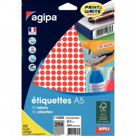 ÉTIQUETTES RONDE **ETUI DE 2940** PASTILLES ADHÉSIVES DIAM. 8MM ROUGE