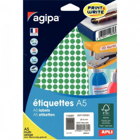 ÉTIQUETTES **ETUI DE 2940** PASTILLES ADHÉSIVES DIAM 8MM VERT