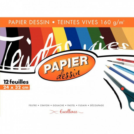 PAPIER DESSIN 160G COULEUR FORMAT 24X32 CM TEINTES VIVES POCHETTE DE 12F