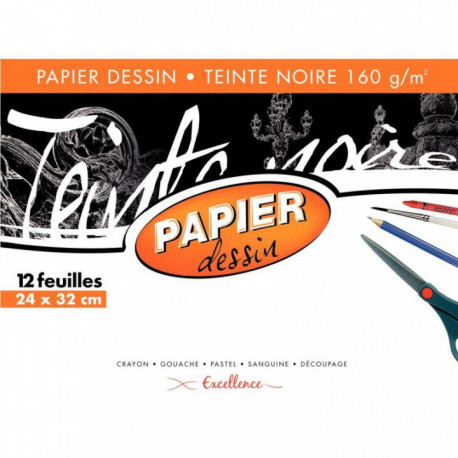 POCHETTE DE 12 FEUILLES PAPIER DESSIN NOIR FORMAT 24X32 CM 160 G