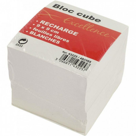 RECHARGE BLOC CUBE, FEUILLES BLANCHES, DIMENSIONS : 9 X 9 X 9 CM