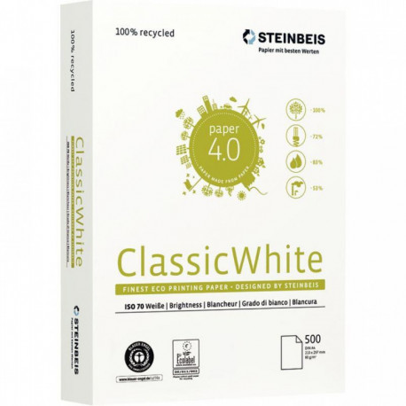PAPIER A4 80G BLANC RECYCLE CLASSIC WHITE CIE55 ECOLABEL ANGE BLEU R500F