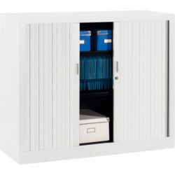 ARMOIRE BASSE A RIDEAUX L.120xH.100xP.43 2 TABLETTES CORPS ET RIDEAUX BLANCS